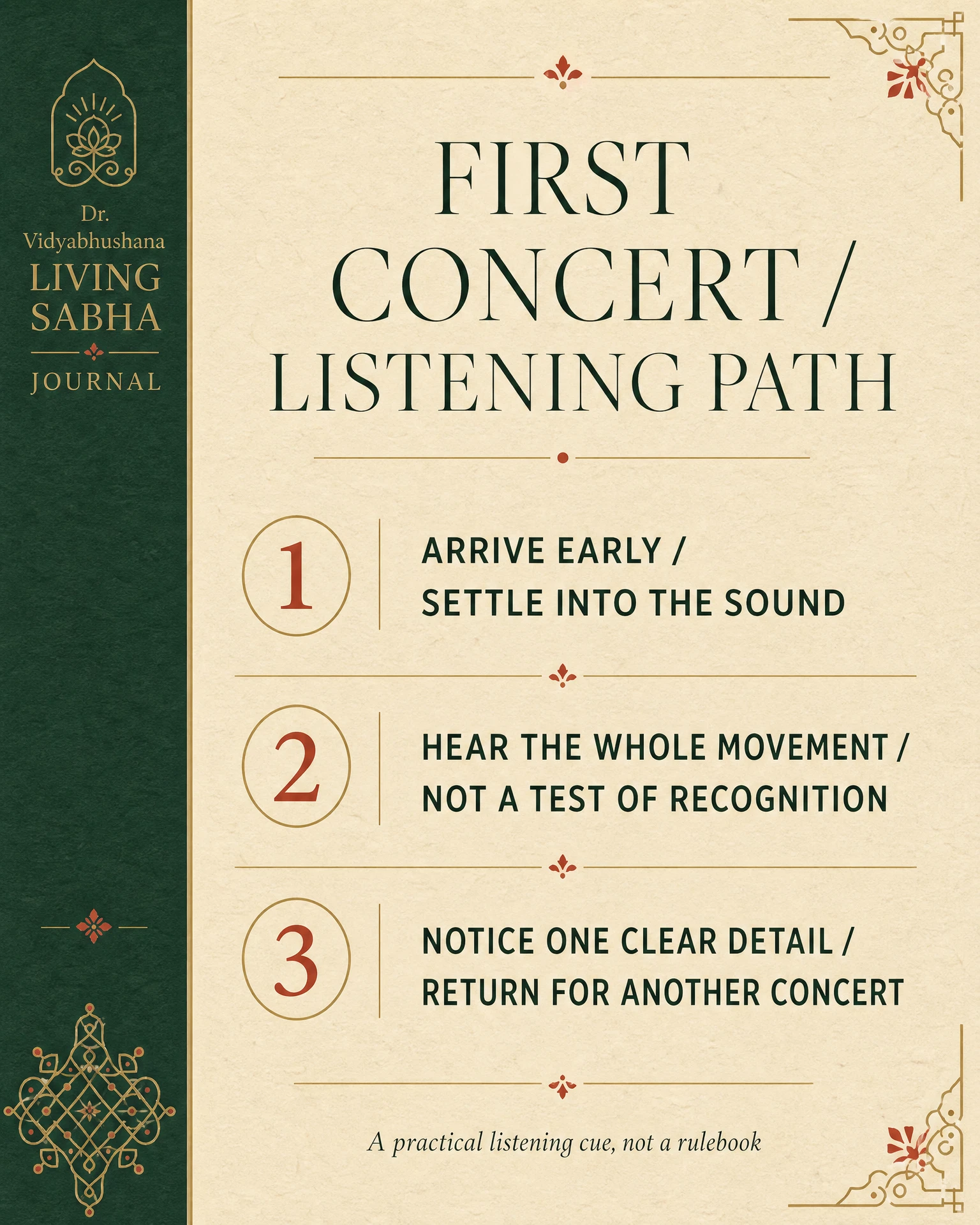 Three-step Carnatic concert listening infographic: arrive early, hear the whole movement, then notice one clear detail.