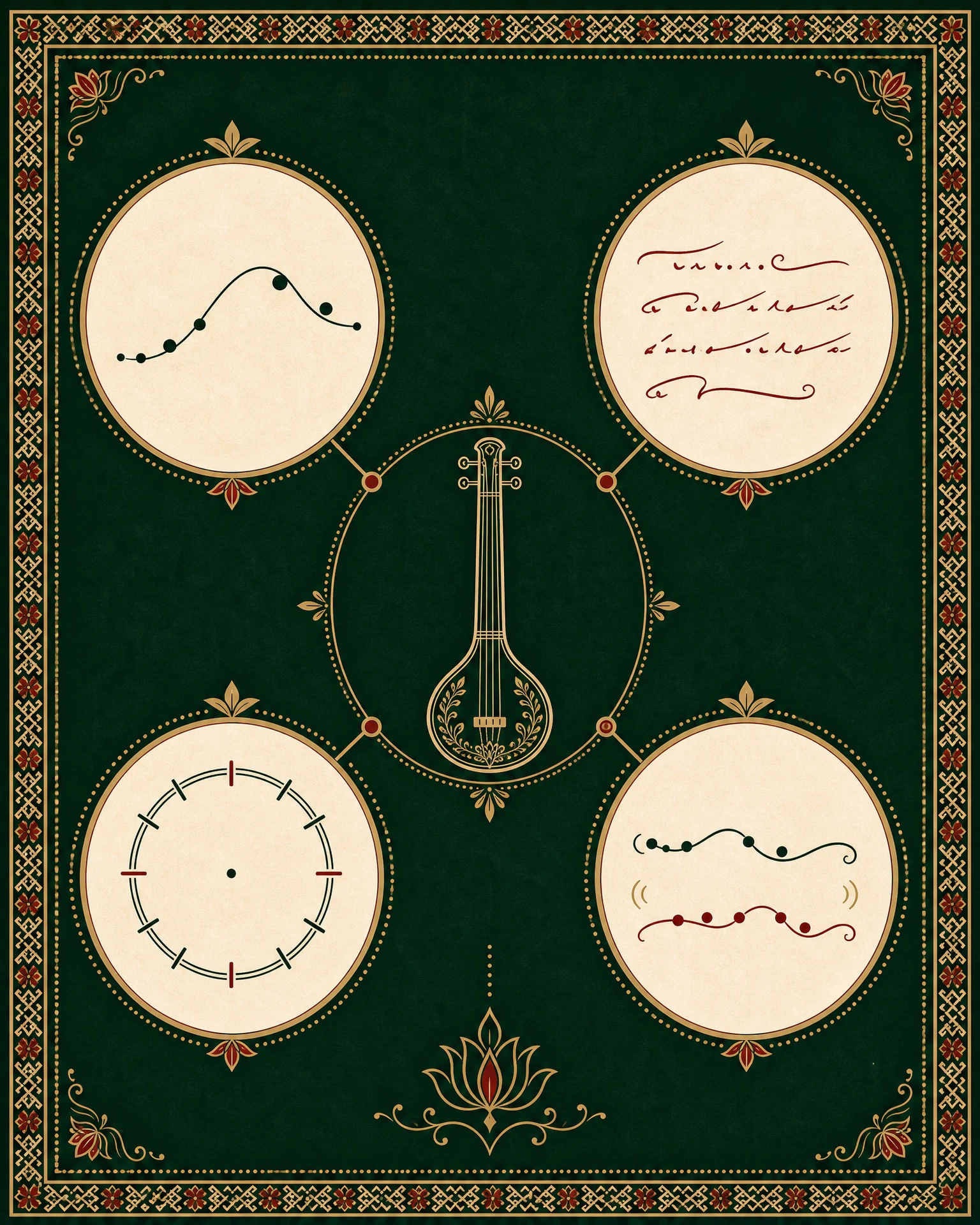 Diagram with a tanpura at the centre and four connected symbols for melodic movement, lyric-led variation, rhythmic return, and musical conversation.