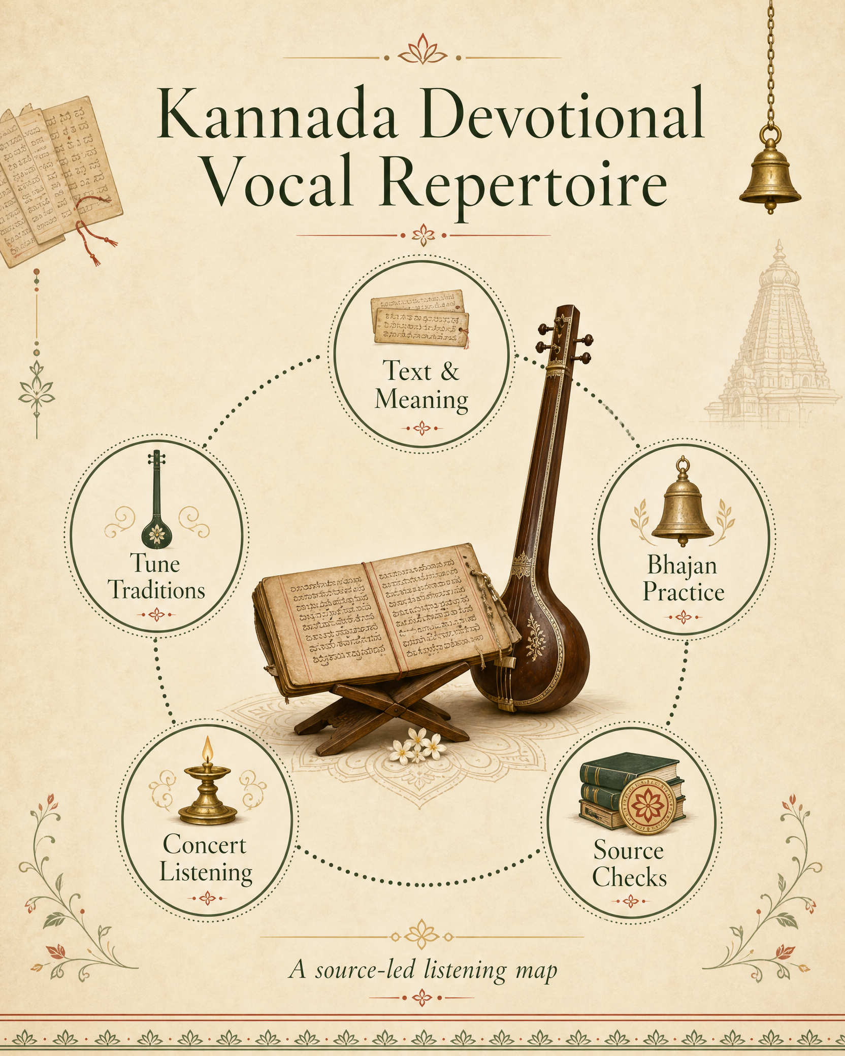 Five-part listening map for Kannada devotional vocal repertoire showing text and meaning, tune traditions, bhajan practice, concert listening, and source checks.